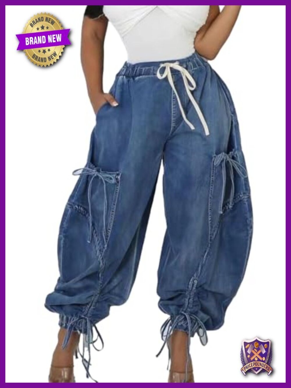 Voghtic Women's Drawstring Ankle Tie Cargo Parachute Jeans Y2K Baggy Loose Fit